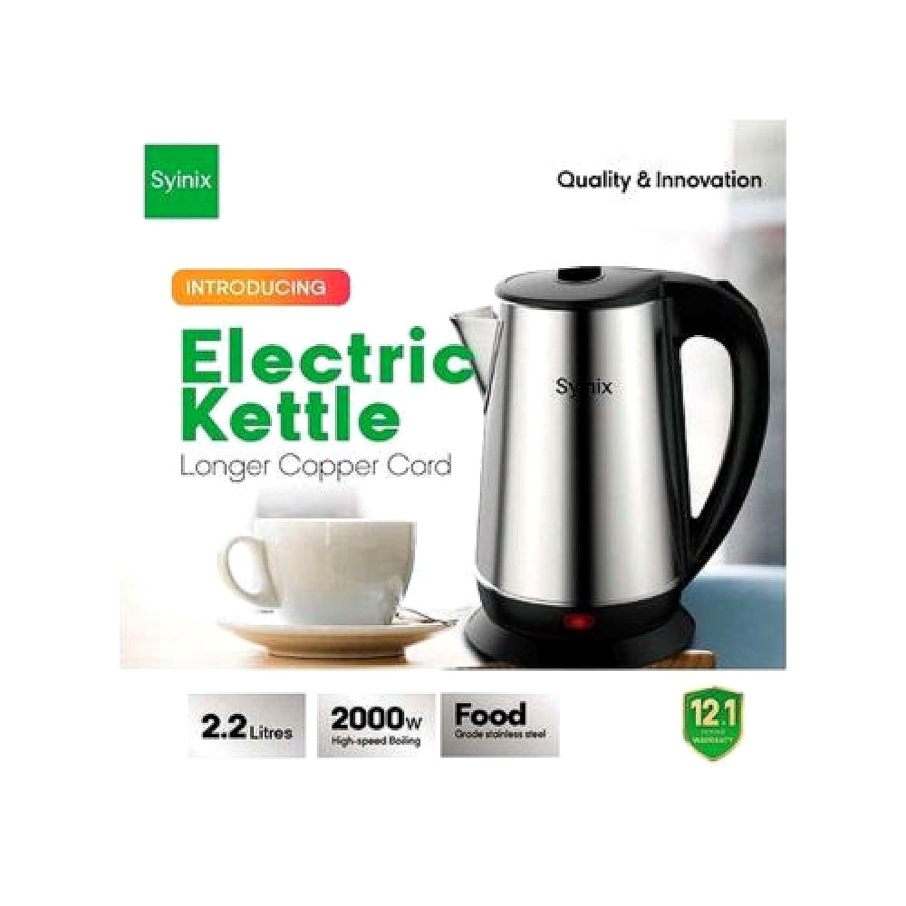 Syinix Longer Copper Cord Electric Kettle – Reliable Power, Elegant Design