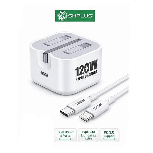 SHPLUS 120W Fast Charger for iPhone 15 Pro Max – Foldable White Wall Plug + Free Type-C to iOS Cable