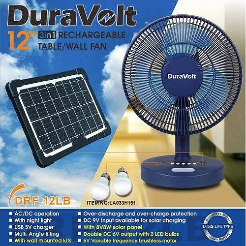 DURAVOLT 12" SOLAR RECHARGEABLE FAN DRF-12TS